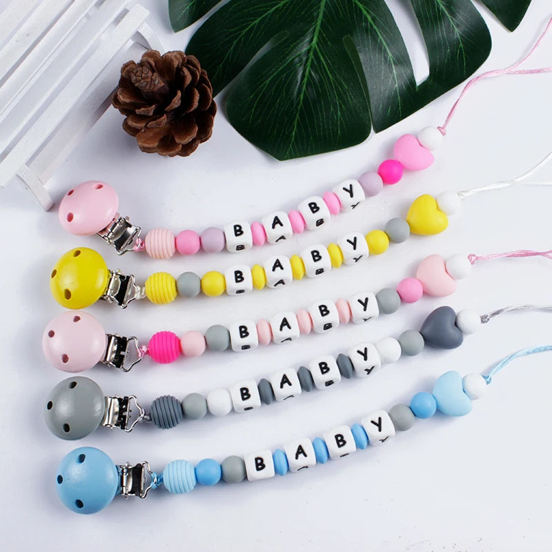 Baby Nipples Clips Silicone Teething Beads Baby Birthday Shower Gift Baby Pacifier Clip Chain Personalized Name Dummy Holder