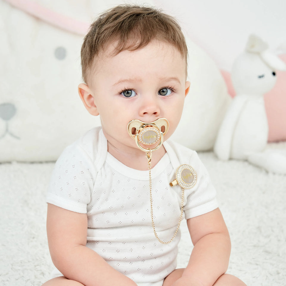 MIYOCAR custom  gold pearl new color  bling pacifier and pacifier clip BPA free dummy bling unique gift baby shower PS-1